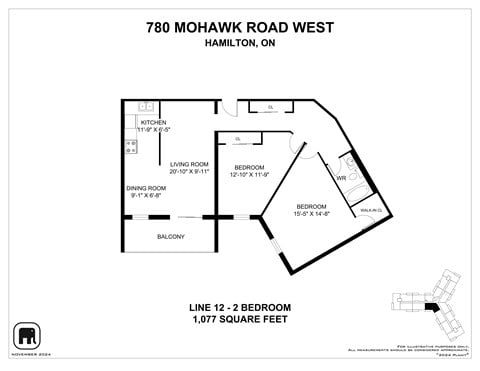 Floor plan for 2 beds, 1 bath, 1077 sqft